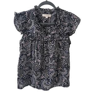 LOFT Paisley Floral Ruffled Yoke Tie Neck Top Navy Lilac Dark Fairy Feminine MP
